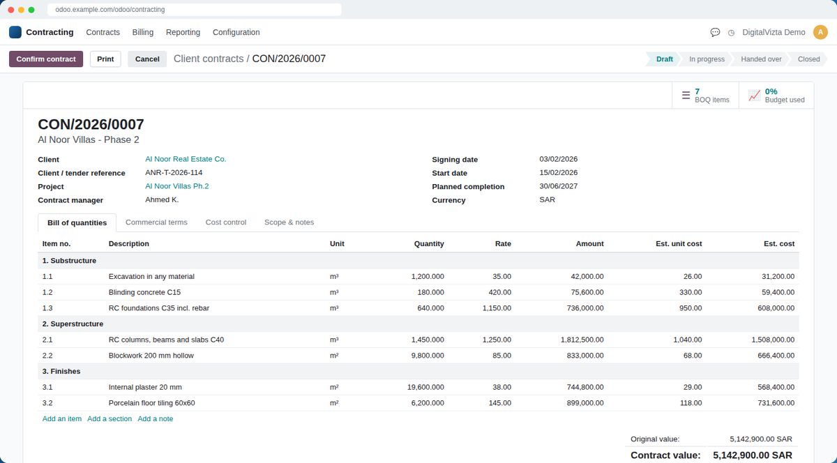 Contracts & BOQ screen in Odoo
