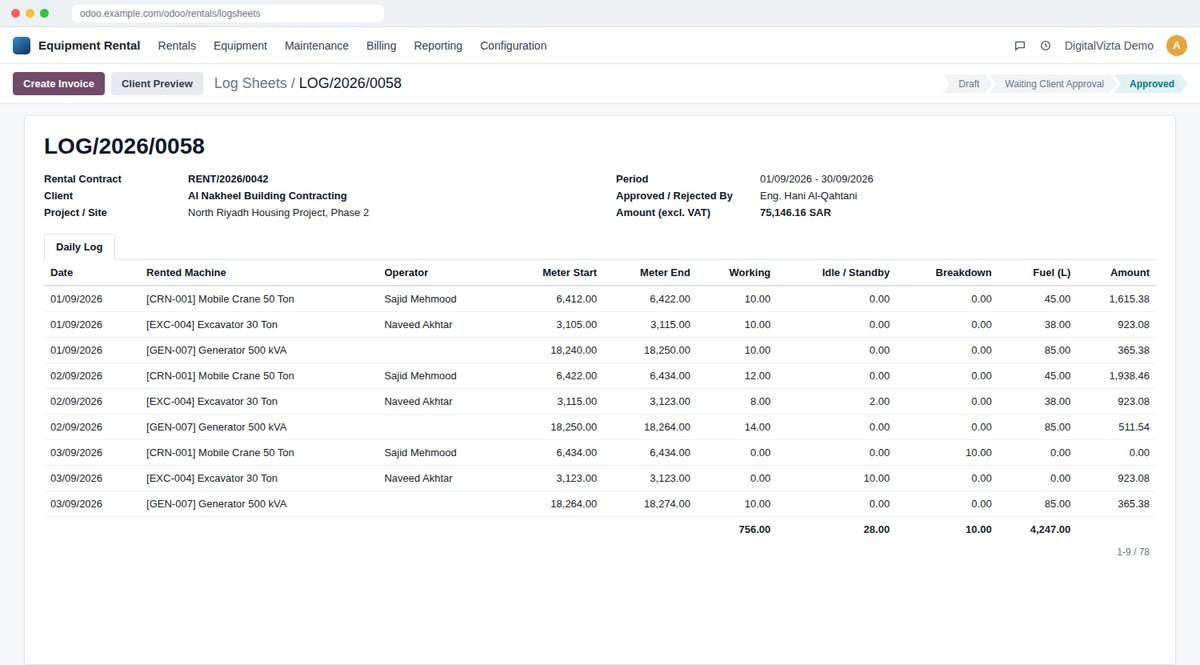 Rental Billing from Log Sheets screen in Odoo