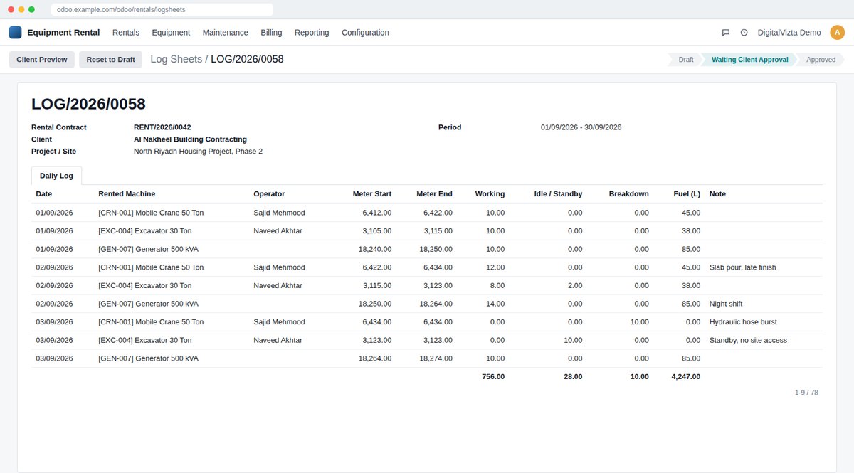 Log Sheets & Client Portal Approval screen in Odoo