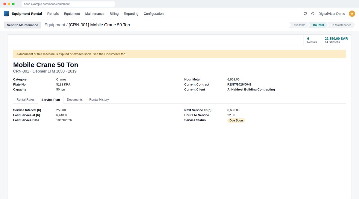 Maintenance & Document Expiry screen in Odoo