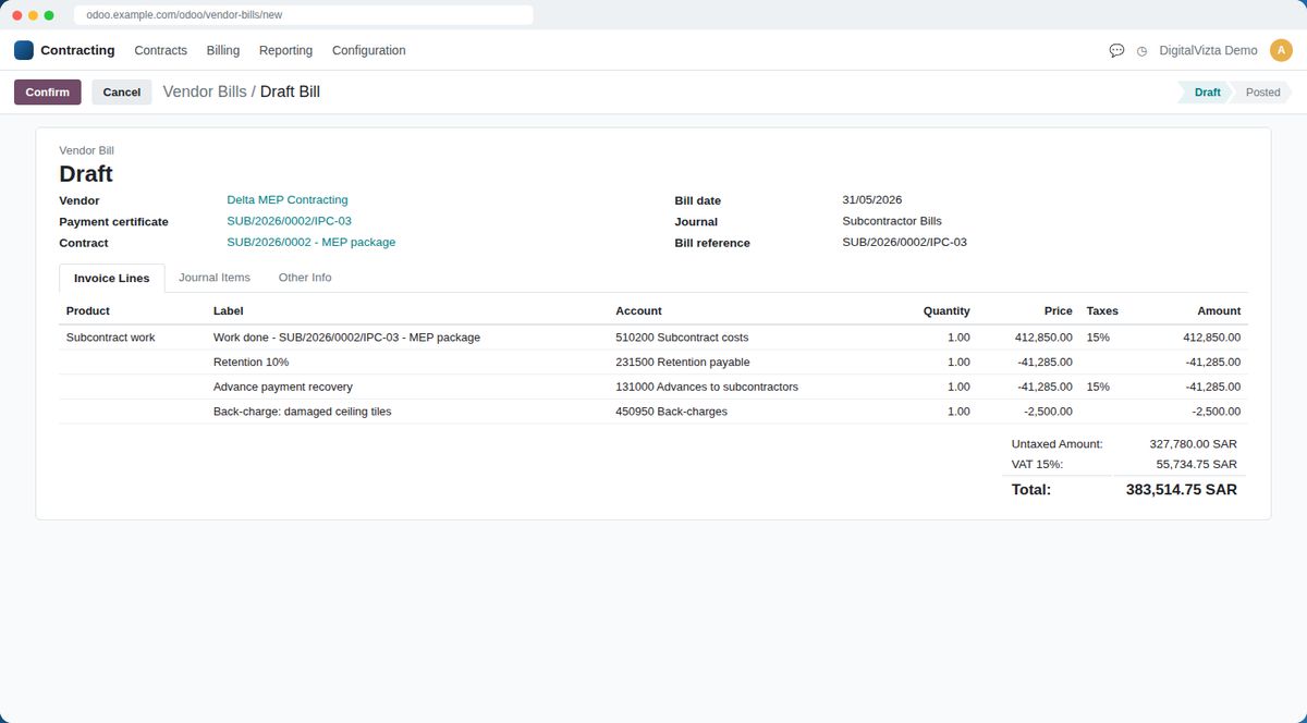 Subcontractor Management screen in Odoo