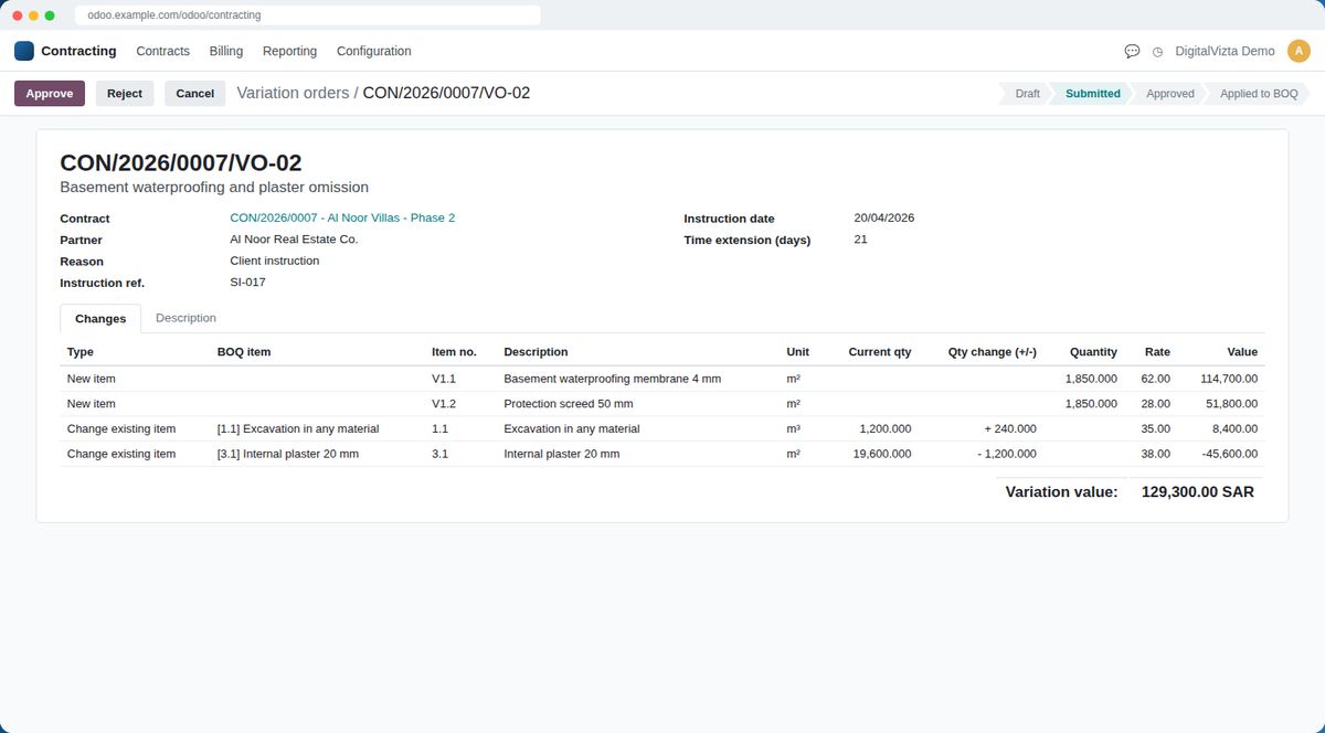 Variation Orders screen in Odoo